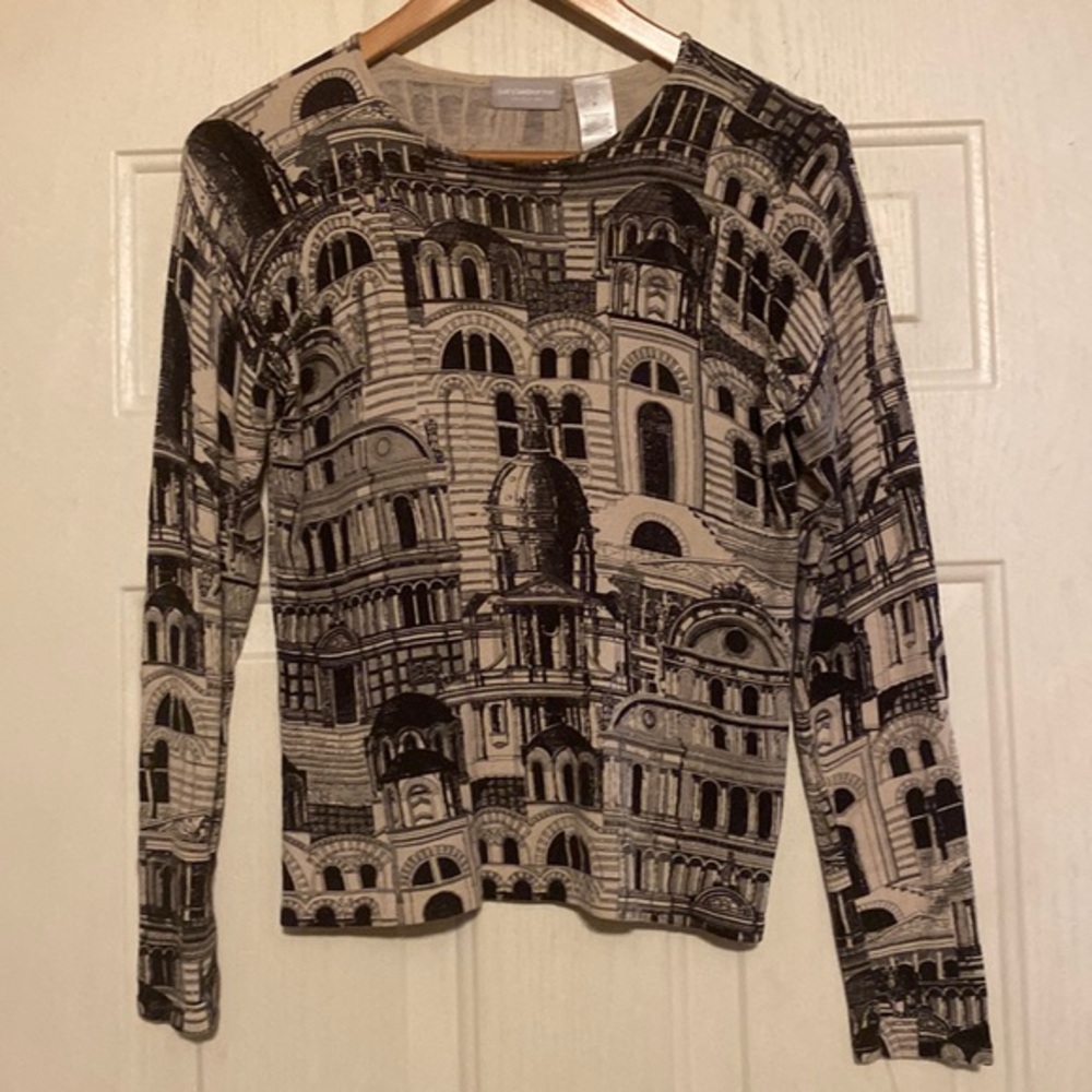 Liz Claiborne Architectural Print Long Sleeve Top in Black and Cream